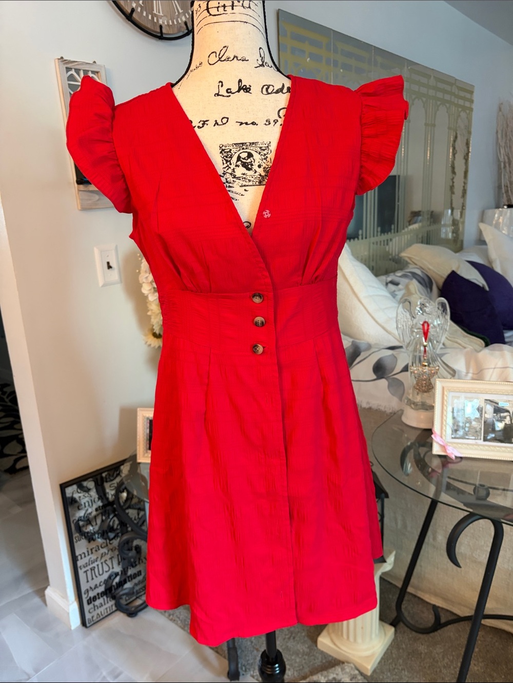 SHEIN Red Ruffle-Sleeve Button-Front Mini Dress